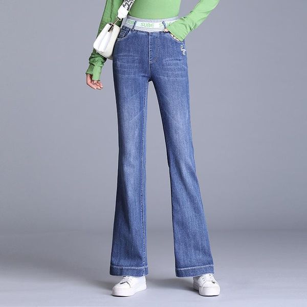 

women's jeans elastic waist 95% cotton long flare 2021 spring summer letter beaded blue denim ladies pants