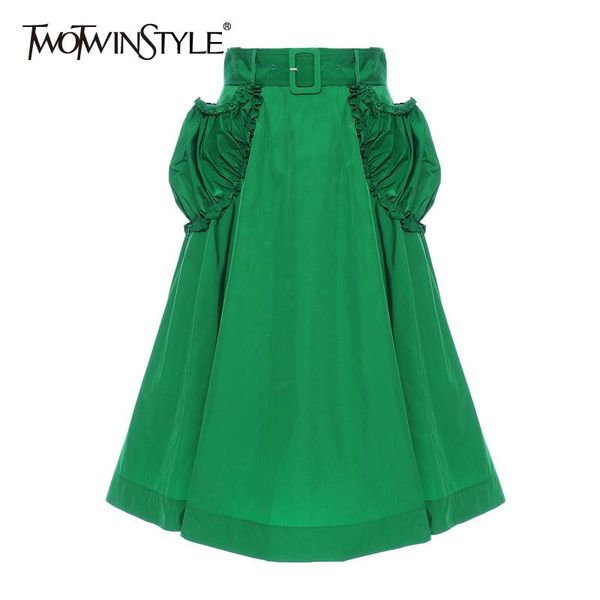 

patchwork pockets women skirt high waist with sashes ruched elegant skirts female clothing fashion 2021 spring tide, Black