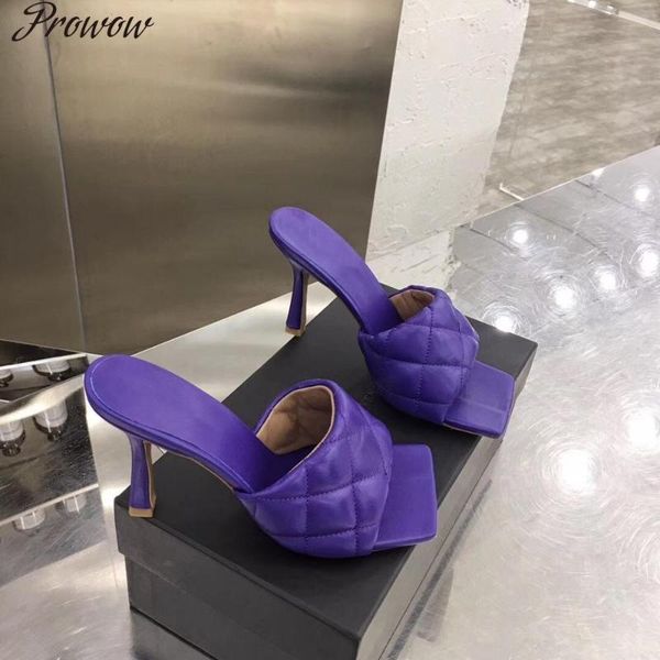 

real leather high heel mules summer slippers party shoes women purple red brown plaid brand, Black