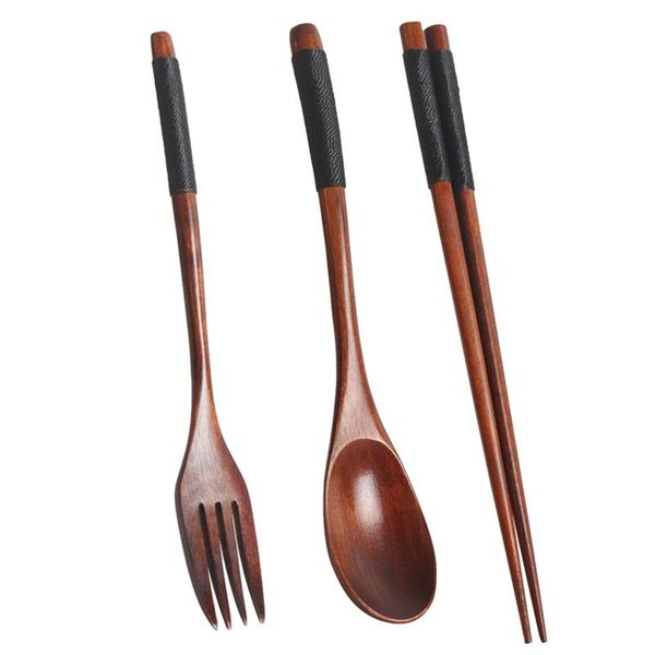 

wooden flatware set, portable set chopsticks spoon fork tableware dinnerware with black twining thread sets