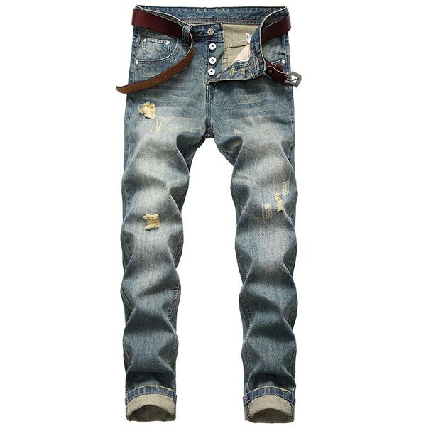 

men's jeans cross border wear pierced straight tube slim nostalgic button pants in autumn and winter, Blue
