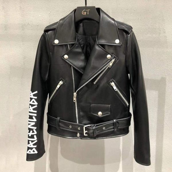 

women's leather & faux brand genuine jacket women spring and autunm long sleeve with letters locomotive model real sheepskin coats, Black