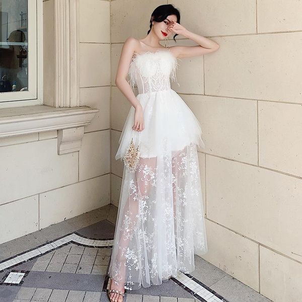 

white temperament backless fairy dress women elegant tube mesh evening party banquet gowns qipao ethnic clothing, Red