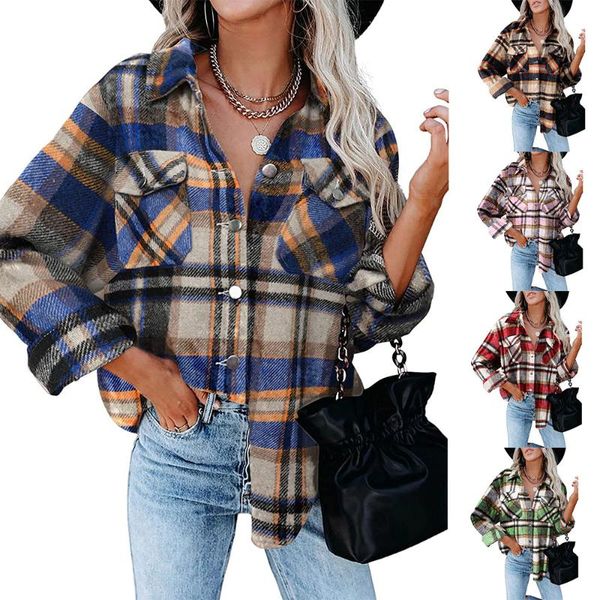 

women's jackets women autumn winter thick button plaid shirts flannel loose casual pocket coat outerwear, Black;brown