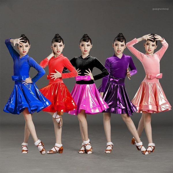 

stage wear kids dresses for girls long sleeve latin dance dress velvet ballroom competition party performance practice costumes, Black;red
