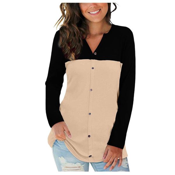 

women's t-shirt women 2021 long sleeve cardigan button down patchwork oversized t shirt color block casual tunic poleras mujer, White