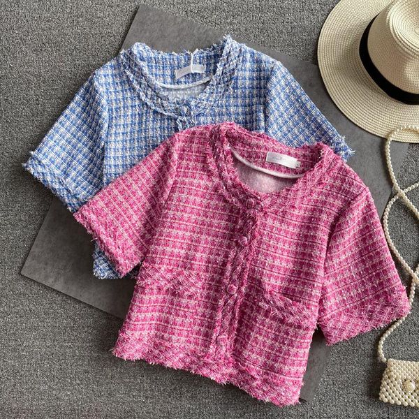 

women's jackets small fragrance wind summer fall short sleeve plaid tweed jacket women fashion elegant ol wild casual tassel outwear cr, Black;brown