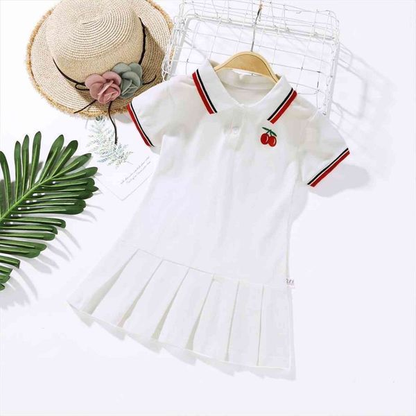 

girls summer tennis lapel cherry girl dresses embroidery child wearing kids pleated short sleeve shirt toddler clothes, Red;yellow