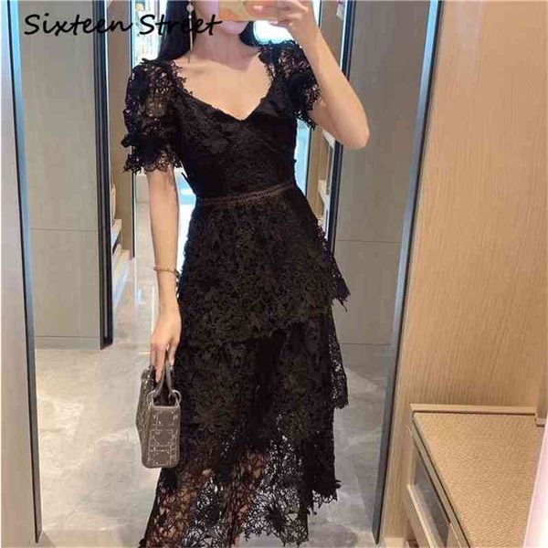 

arrive puff sleeve lace dress female v-neck casual fashion hollow out black maxi woman street party luxury bodycon 210603, Black;gray