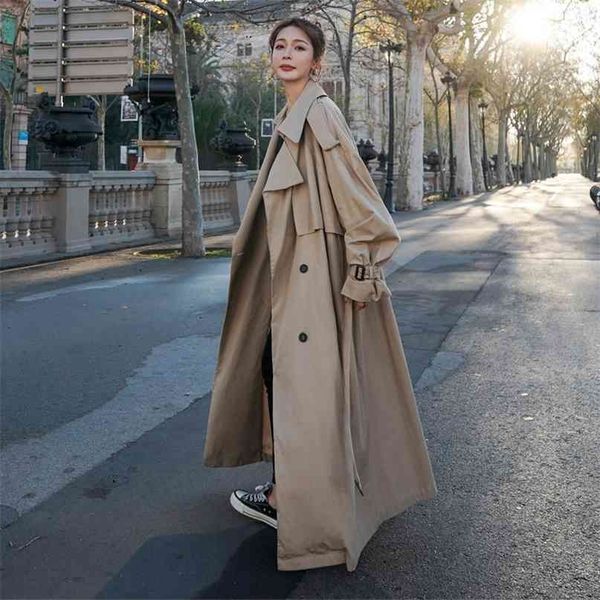 Корейские свободные негабаритные длинные женские траншеи пальто с двубортной леди леди леди плащ ветровая ветровка падение верхняя одежда серый A106 210820