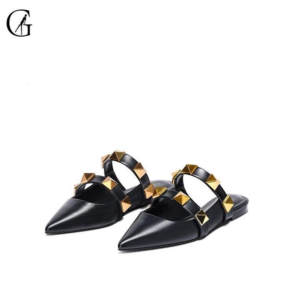 

slippers goxeou women's black pu pointed toe rivet decoration comfortable party fashion office lady sandals size 32-46