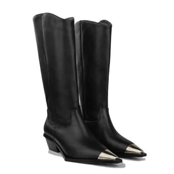 

boots autumn mid-calf for women retro metal pointed toe shoes thick heels winter botines mujer 2021, Black