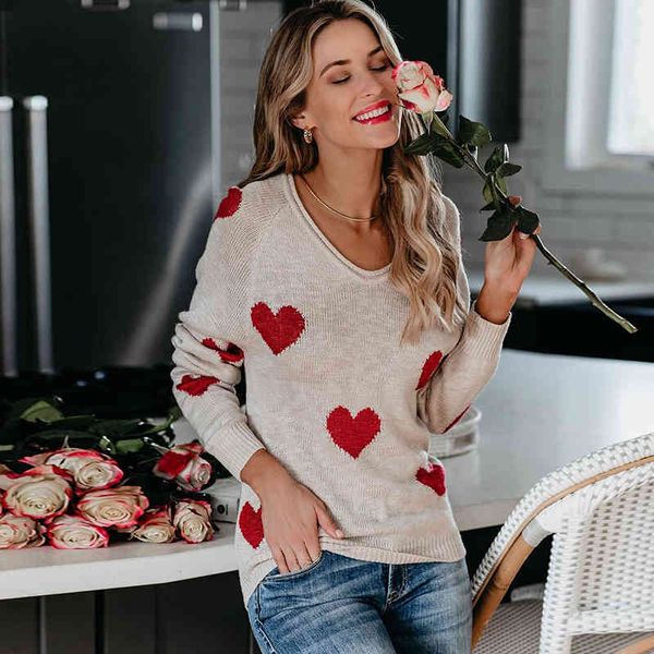 Coração Impressão Pullovers Camisola Outono Inverno Feminino Casual Elegante Soft Sweater Mulheres Malha Jumper Tops O Pescoço em 210415