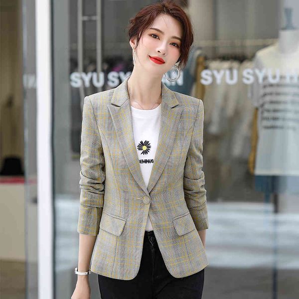 

women's suits & blazers women female ladies slim yellow gray blue plaid blazer spring fall autumn single button jacket coat myr6, White;black
