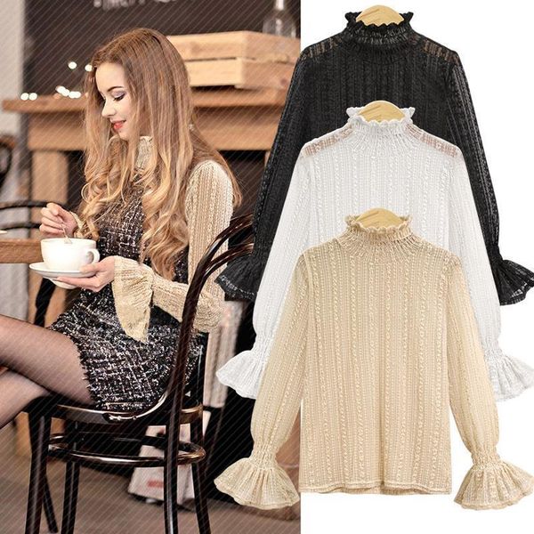

high womens shirts necked lace half gauze inside the ride bottoming shirt female long sleeved big yards style trumpet sleeves, White