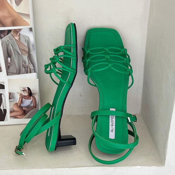 

summer women sandal shoes fashion narrow band weave ladies gladiator square female low heel casual dress slide sandals, Black
