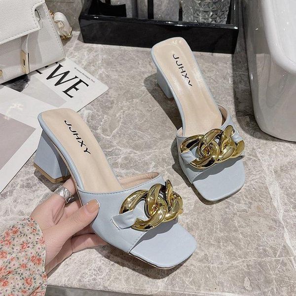 

slippers solid women sandals square toe summer lady heels shoes fashion metal decorate ladies zapatillas mujer67hj, Black
