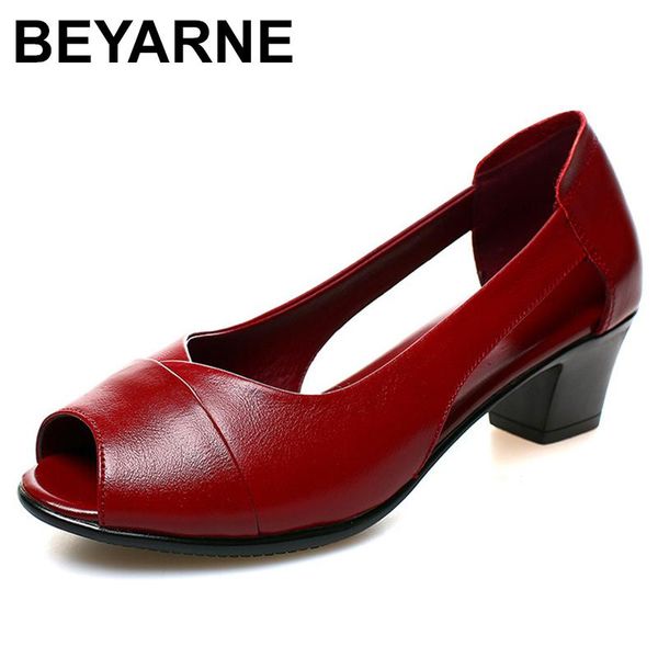 

dress shoes beyarnesummer genuine leather comfortable ladies mid heel sandals women hollow peep toe square womane536, Black