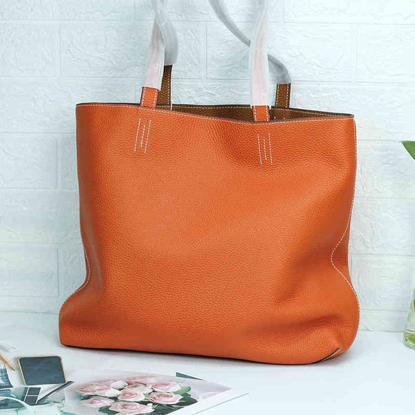 

designer bagsleather tote bag inside and outside the first layer of cowhide double-sided contrast color big bag simple shopping fashion hlux
