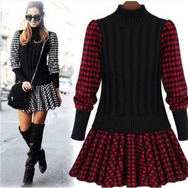 

autumn and winter korean women slim plaid splice england dress woolen knit sweater 211110, Black;gray