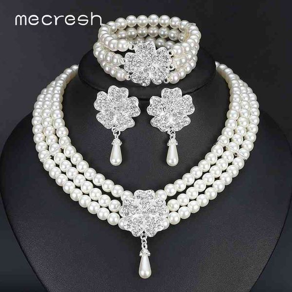 

jewelry sets mecresh round imitated pearl dubai bridal statement wedding bracelet earrings necklace party accessories tl371, Black