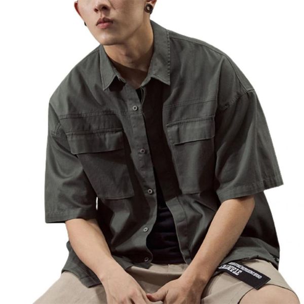 

men's casual shirts men multi pocket shirt coat short sleeve pockets solid color loose buttons summer fashion korean, White;black