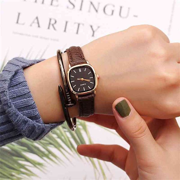 

watch small simple casual versatile belt square quartz watch, Slivery;brown