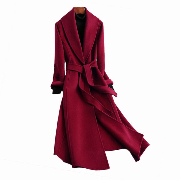 

winter belt 100% wool coat women elegant cashmere long winter coat female oversized vintage jacket overcoat s3653 style, Tan;black