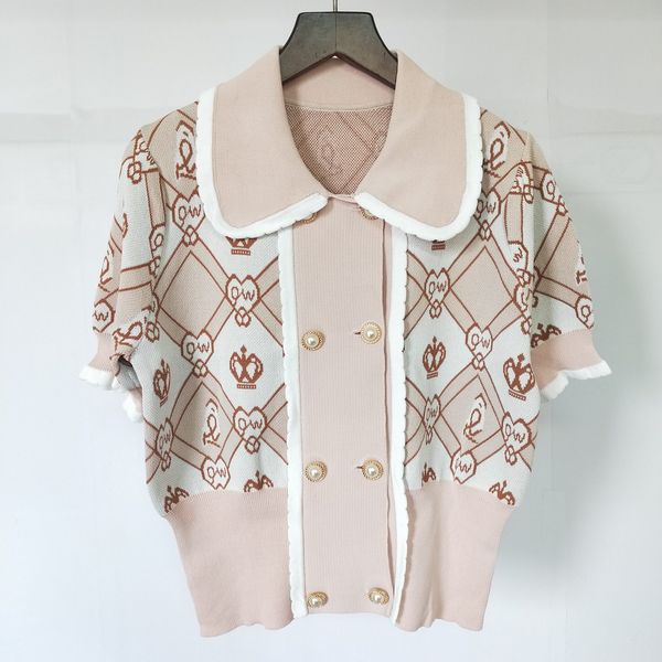 

1105 2021 Spring Summer Lapel Neck Regular Short Sleeve Panelled Sweater Fashion Sweater Luxury lan, White;black