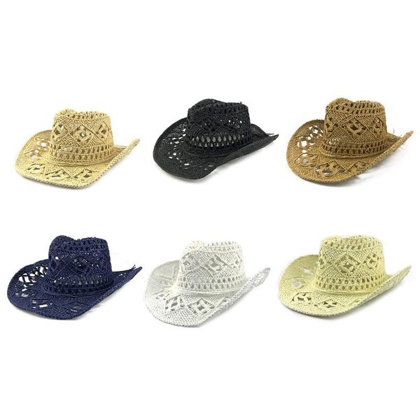 

wide brim hats lady's visor hat for summer outdoor travel sunscreen western cowboy hand-woven straw hollow out design, Blue;gray