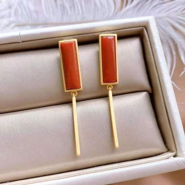

dangle & chandelier silver inlaid natural south red chalcedony rectangular earrings chinese style retro geometric elegant charm women's
