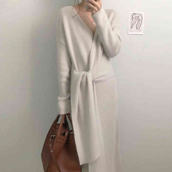 

casual dresses [ewq] korean chic autumn winter loose apricot v-neck cross side strap waist knitted sweater dress women fashion 16e2958 b2de, Black;gray