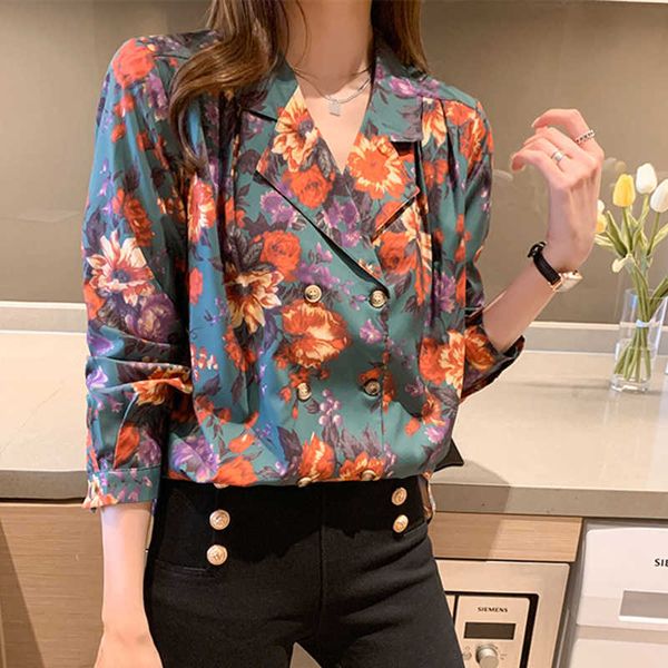 Kore Kadın Gömlek Şifon Bluzlar Uzun Kollu Tops Kadın Baskı Bluz Top Artı Boyutu Rahat Çiçek Gömlek 210604