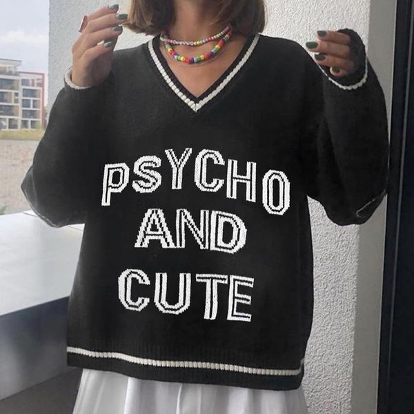 

women's sweaters letter print vintage oversized knit sweater women v neck long sleeve casual loose jumper ladies autumn winter pullover, White;black