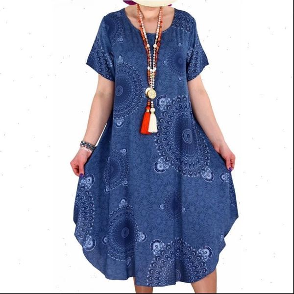 

summer boho print loose womens dress casual mid long short sleeve women ethnic sundress plus size 5xl beach, Black;gray