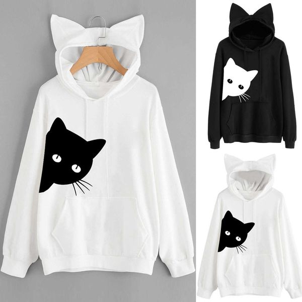 

fashion hoodies 2021 women's cat long sleeve hooded color multi size, Black
