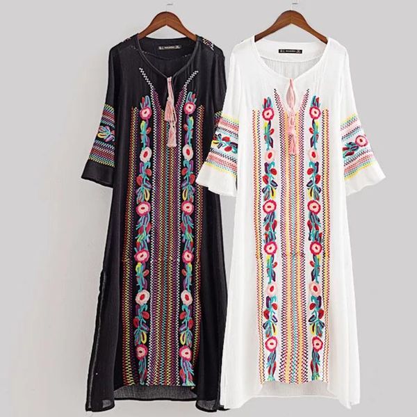 

casual dresses women vintage floral embroidery ethnic vestido round neck long sleeve maxi dress jurk robe longue, Black;gray