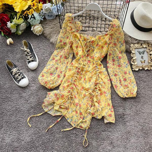 

casual dresses vintage floral chiffon short dress autumn women square collar long sleeve slim fit draw string fashion age reducing midi, Black;gray
