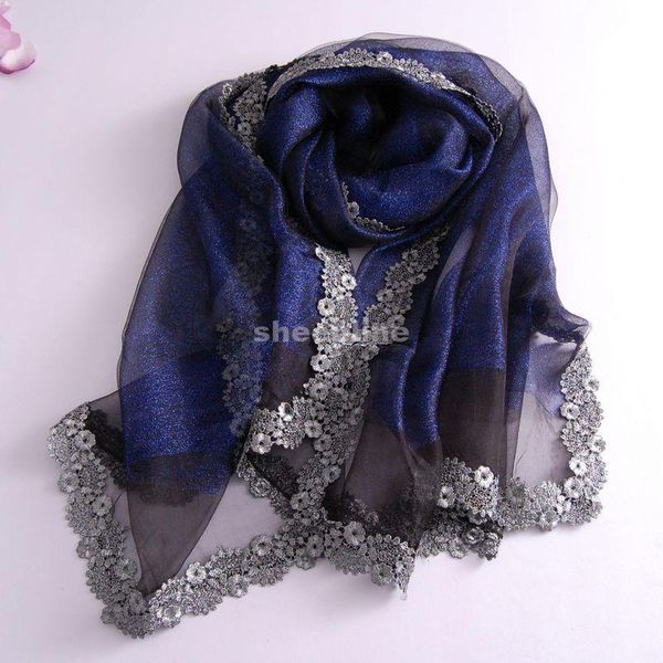 

scarves 22 colors shining double layer silk long scarf autumn winter warm wrap ethnic pashmina with lace edging, Blue;gray