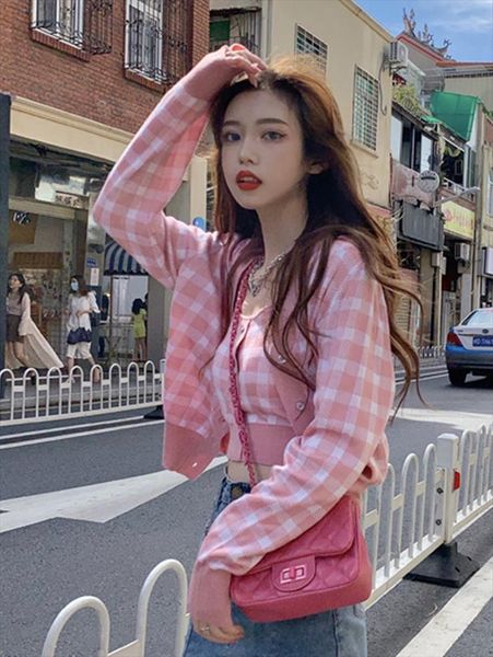 

pink plaid knitwear womens sweater jacket spring and autumn loose long sleeve cardigan two piece set, White;black