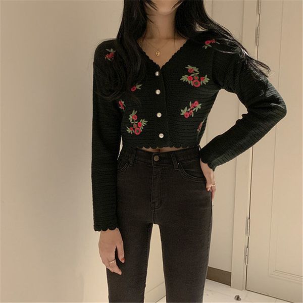 

sweaters embroidery floral v-neck high waist vintage retro chic cardigans all-match warm women knitted short sweaters, White;black