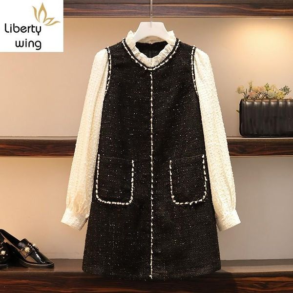 

elegant ladies long sleeve ruffles collar dress plus size sweet women mini tweed dresses casual spring autumn vestidos, Black;gray