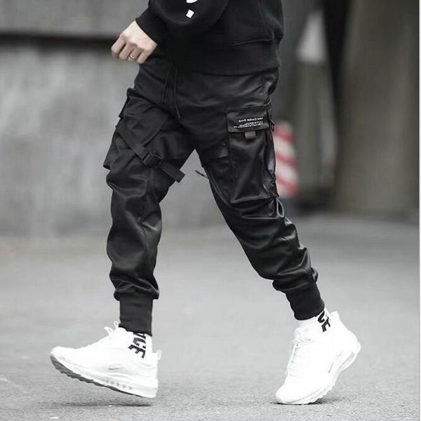

pant ribbons multi pockets cargo harajuku casual joggers track streetwear trouser men hip hop pants drop, Black