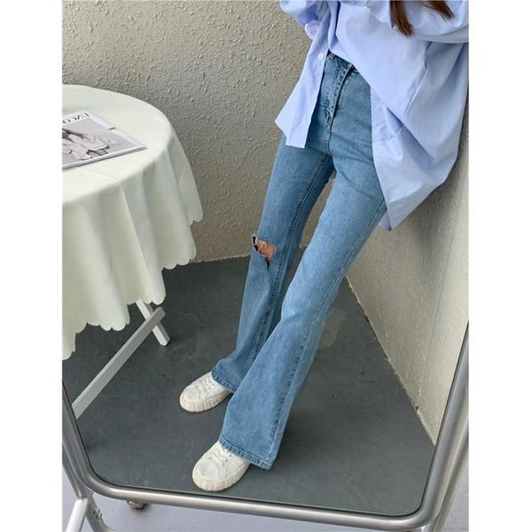 

jeans women's pierced high waist slim trumpet wide leg pants 2021 spring casual baggy, Blue