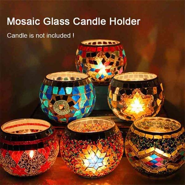 Portacandele in stile marocchino Mosaico fatto a mano Cena romantica a lume di candela Festa di nozze Lampada a candela Decorazione domestica Candelabri 210722