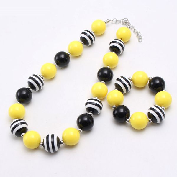 

yellow+black white stripes chunky bubblegum beaded necklace girls acrylic round gumball necklaces for kid party jewelry gift, Silver