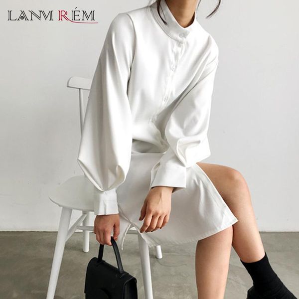 

casual dresses lanmrem 2021 autumn long lantern sleeve stand collar single-breasted all-match korean style temperament dress for women 2a231, Black;gray
