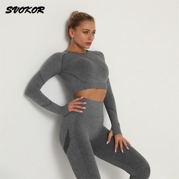 

svokor crop gym set seamless women yoga workout fintess clothing push up leggings sport wear suits tracksuit 210802, Gray