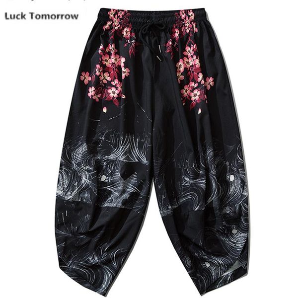 

japanese style harajuku men trousers sakura samurai costume loose fashion women traditional bloom pants haori ethnic clothing, Red
