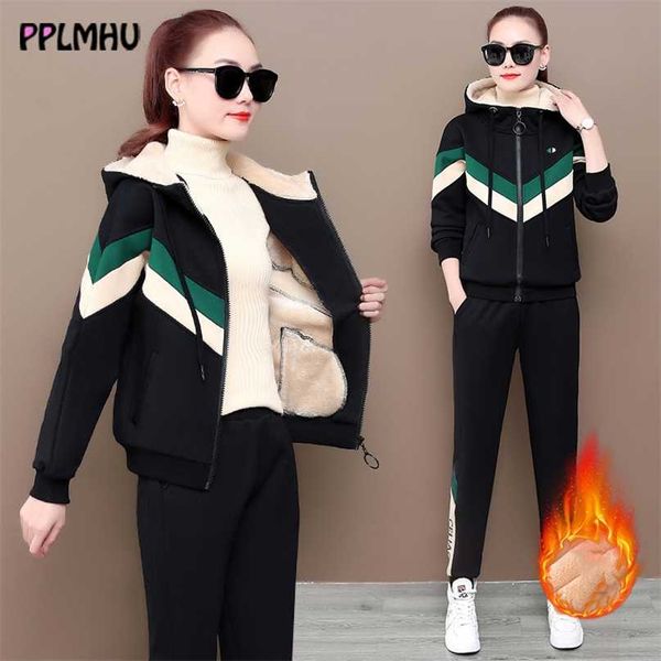 

patchwork pattern thicken two piece suit women winter fall warm long sleeve and pants sets plus size 4xl tracksuit 211126, White